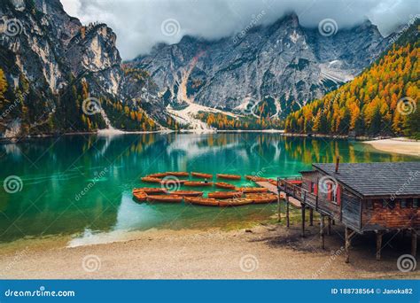 Popular Alpine Place With Mountain Lake In Dolomites Italy Stock Photo