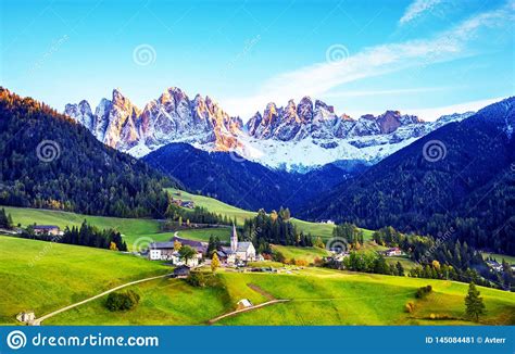 Magical Spring Landscape With A Church In The Valley Of