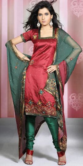 Red And Green Silk Churidar Indian Punjabi Churidar Pajama Suit