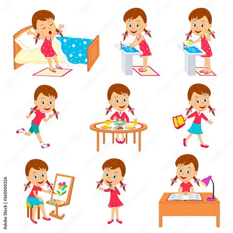 Vettoriale Stock Cartoon Little Girl Daily Routine Illustrationvector