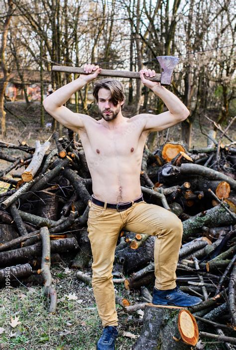 Man Beaded Brutal Sexy Lumberjack Carry Axe Masculine Leisure Lumberjack Woodman Sexy Naked