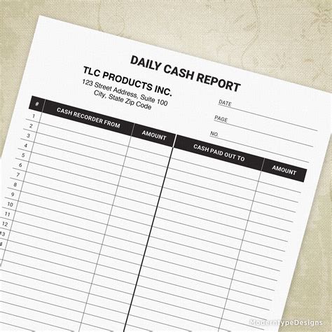 Daily Cash Report Printable Form Personalized
