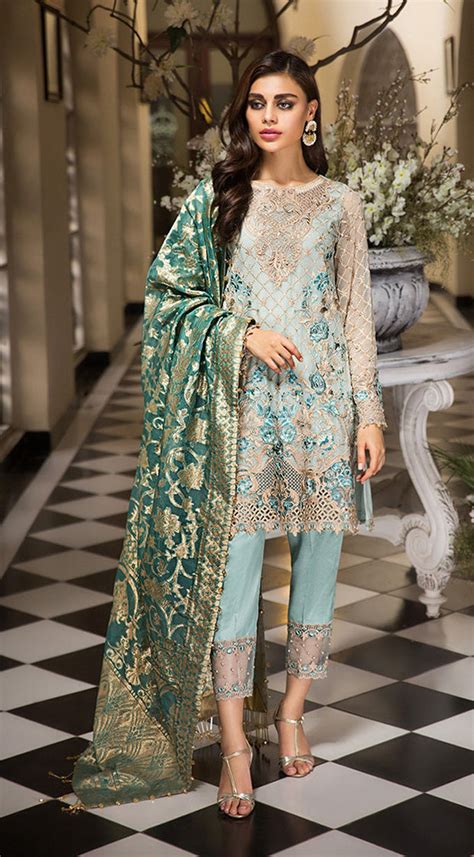 Traditional Pakistani Designer Dresses In Aqua Blue Color Nameera By