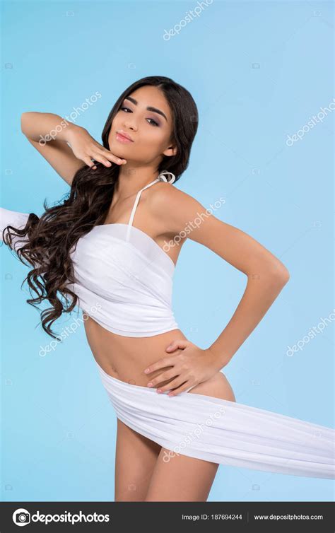 Tanned Brunette Girl Posing White Veil Isolated Blue Free Stock Photo