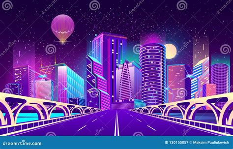 Vector Background With Night City In Neon Lights Stock Vector