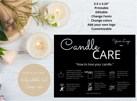 Minimalist White And Black Candle Care Card Template Look Etsy Uk
