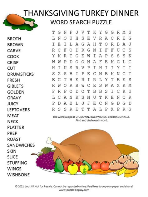 Thanksgiving Turkey Dinner Word Search Puzzle Puzzles To Play