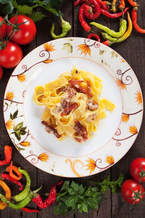 Italian Pasta Carbonara Stock Photo Image Of Food Pappardelle 82399016