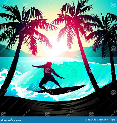 Tropical Beach At Sunset Surfing Illustration Royalty Free Illustration