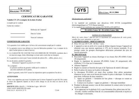 Certificat De Garantie Gys