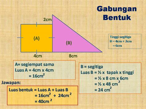 Dalam formula untuk mencari kawasan (a), l ialah panjang dan w mewakili lebar segi. Luas Permukaan Bentuk: MENGIRA LUAS PERMUKAAN