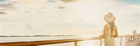 Luxury Cruise Ship Vacation Woman Elegant Tourist Woman Watching Sunset