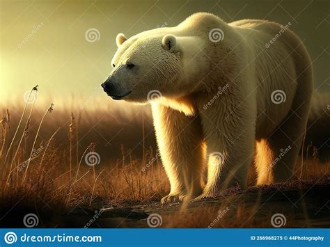 Polar Bear In The Warm Dry Arctic Tundra After Global Warming And
