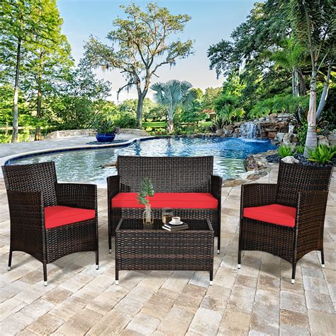 gymax 4pcs patio rattan conversation furniture set outdoor w red cushion