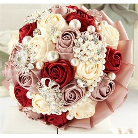 Red And Ivory Satin Rose Brooch Bouquet Bcust 118 Pearl Bouquet Bridal