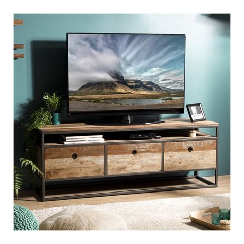 Meuble TV au style industriel avec 3 grands tiroirs en bois et métal