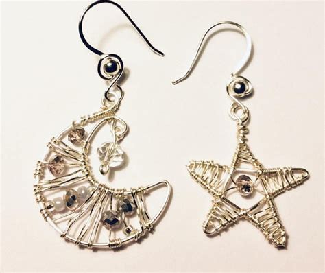 Silver Moon And Star Earrings Wire Wrapped With Clear Crystal Etsy