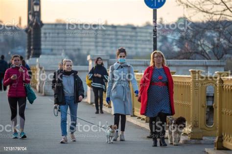 People Of Budapest Wearing Face Masks During Walking On Margaret Bridge