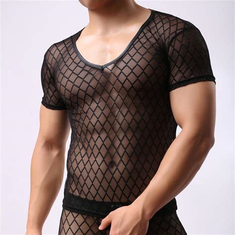 WH51 Brand Men Sexy Singlet Mesh Plaid Sheer Transparent Shirt Tops