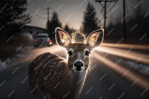 Premium Photo | Magic Deer caught in headlights on rural road generative ai