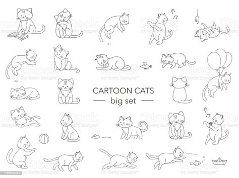 Vector Set Of Cute Cartoon Style Cat In Different Poses Animal