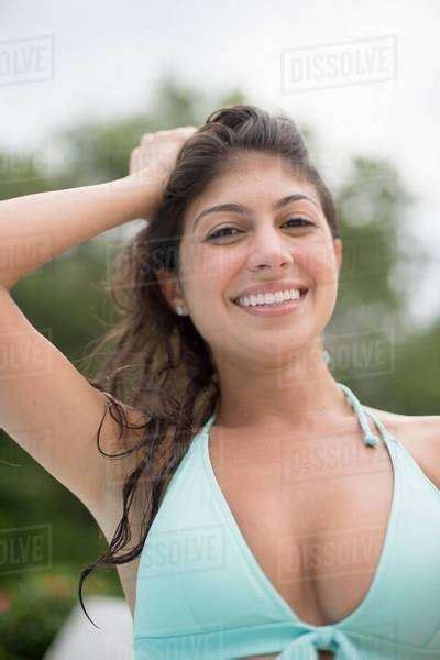 Smiling Woman Wearing Bikini Outdoors Stock Photo Dissolve