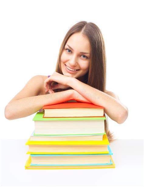 Smiling Student Girl With Pile Of Books Stock Image Image Of Casual