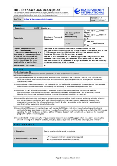 hr standard job description template printable