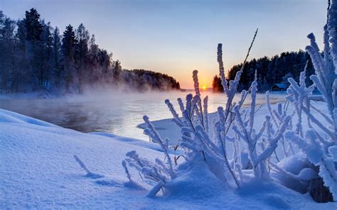 Wallpaper Nature Winter Sunset Trees Snow Ice River Sky 1920x1200