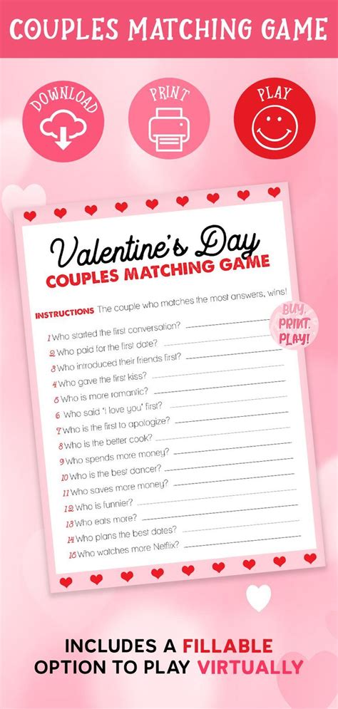 Valentines Couples Game Couple Matching Game Printable Etsy