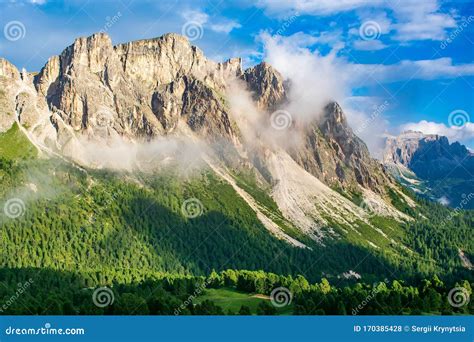 Panoramic View Of Puez Odle Mountain Range Dolomite Alps Italy Stock