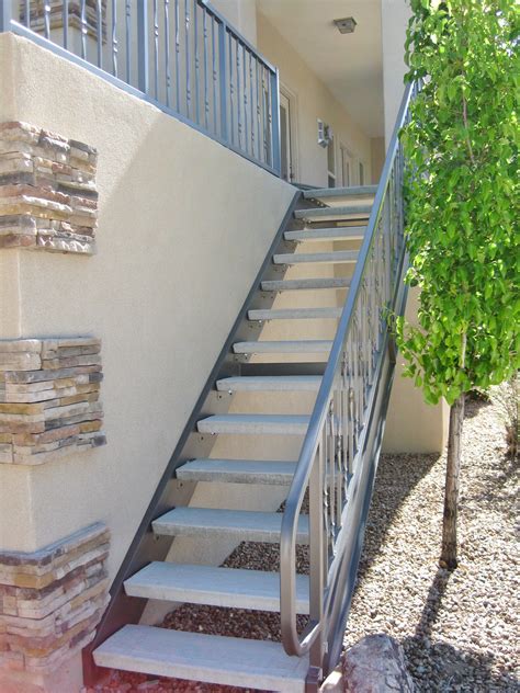 Aluminum is available in many different colors and finishes. Residential exterior stairs with steel stair and balcony railing located in Albuquerque, New ...