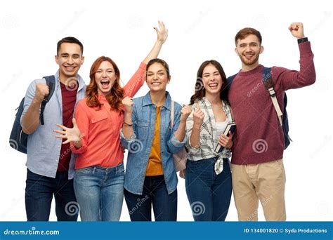 Group Of Happy Students Celebrating Success Stock Photo Image Of