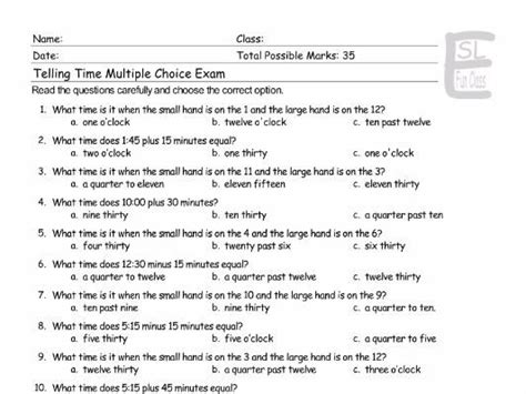 Telling Time Multiple Choice Exam Teaching Resources