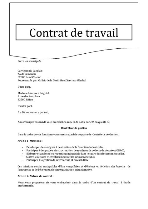 Exemple De Contrat De Travail A Duree Indeterminee France Doc Pdf