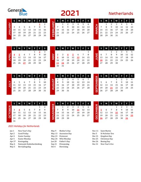 2021 Netherlands Calendar With Holidays
