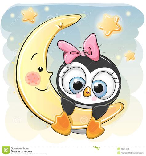 Cute Penguin Girl On The Moon Stock Vector Illustration Of Gray Card 105864378