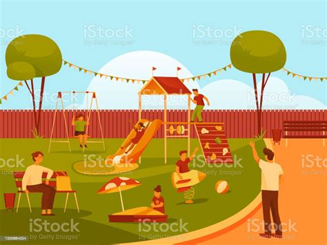 Vector Banner Of Playground Or Kindergarten View Stok Vektör Sanatı And Salıncak Dış Mekan Oyun