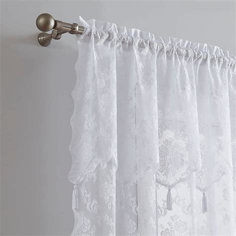Warm Home Designs Pair Of White Lace Curtains With Attached Valance And 6 Tassels Per Panel