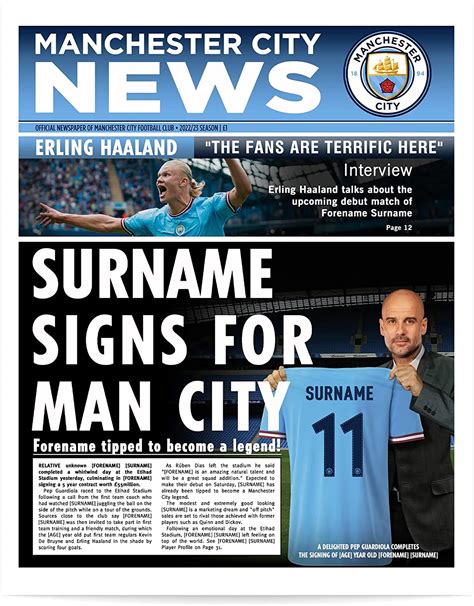 Buy Official Personalised Manchester City Fc News Single Page Print