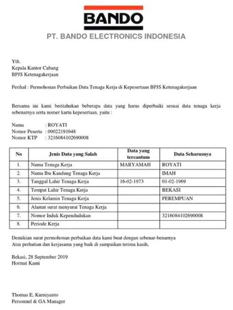 Contoh Surat Permohonan Perubahan Data Bpjs Ketenagakerjaan