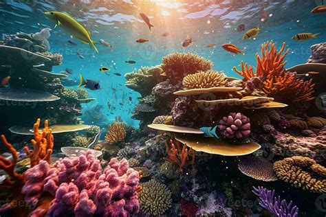 Underwater View With Fish Corals Reef And Beautiful Diversity Of Marine