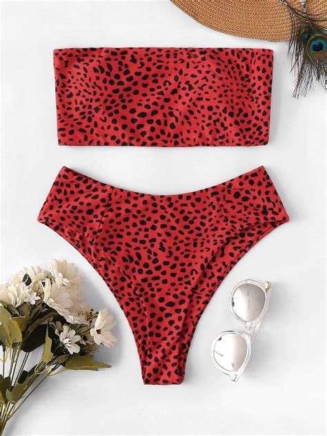 Leopard Print Bandeau With High Waist Bikini Set Swimwear Beachwear