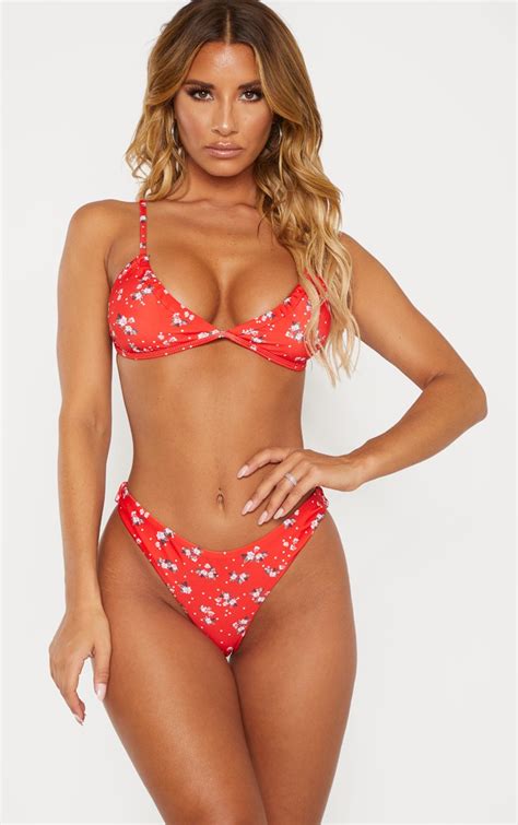 Red Floral Textured Stripe Bikini Bottom Prettylittlething Aus