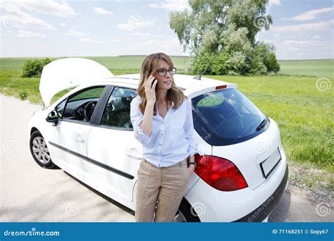 Woman With Her Broken Down Car Stock Image Image Of Road Club 71168251