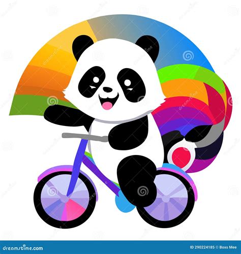 Panda Riding A Bicycle With Rainbow In The Background Vector