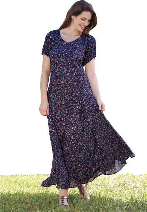 Petite Dress In Maxi Length Floral Print Crinkle Fabric Plus Size