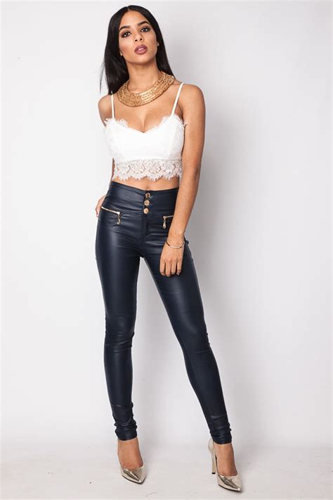 stacey navy pu high waisted jeans at uk leather leggings fashion leather look
