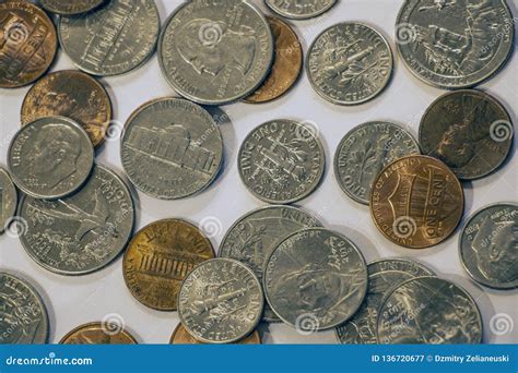 Close Up Of Quarters Dimes Nickels And Pennies Stock Image Image Of