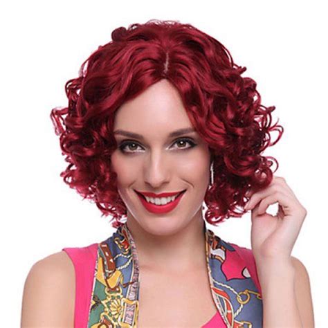 Attractive Centre Parting Deep Red Curly Medium Capless Heat Resistant Synthetic Wig For Women